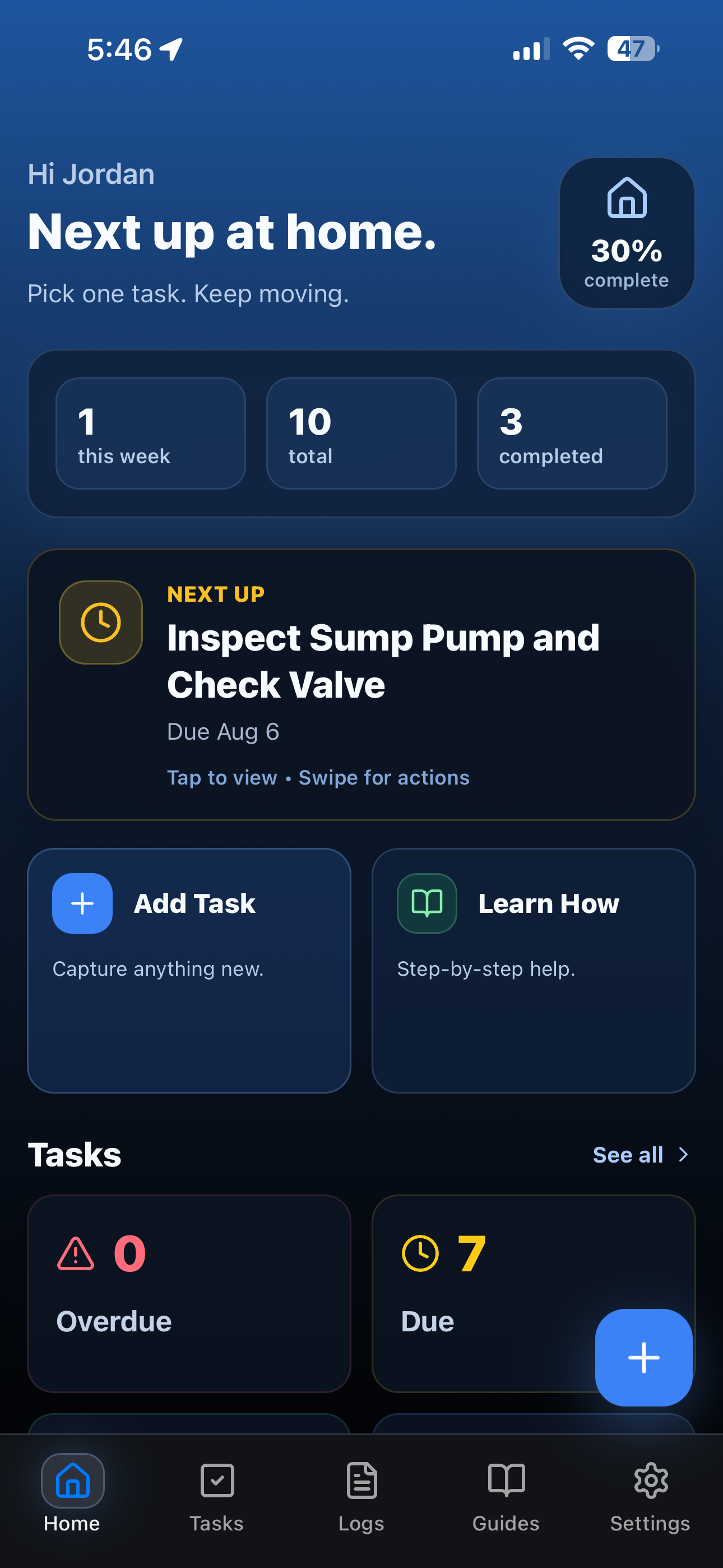 Home Hero dashboard showing progress, the next maintenance task, and task categories
