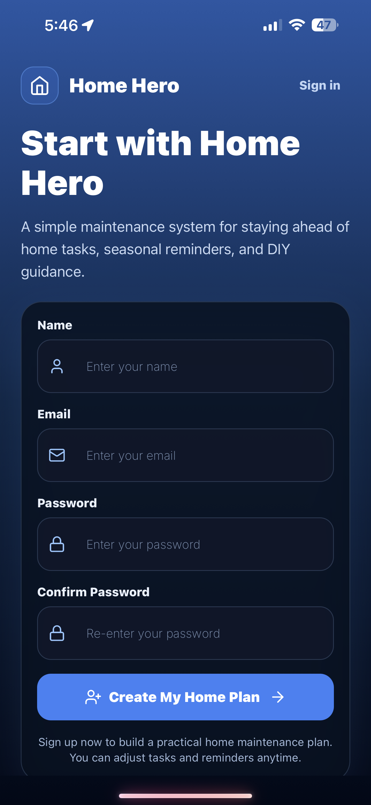 Home Hero account creation screen for starting a home maintenance plan