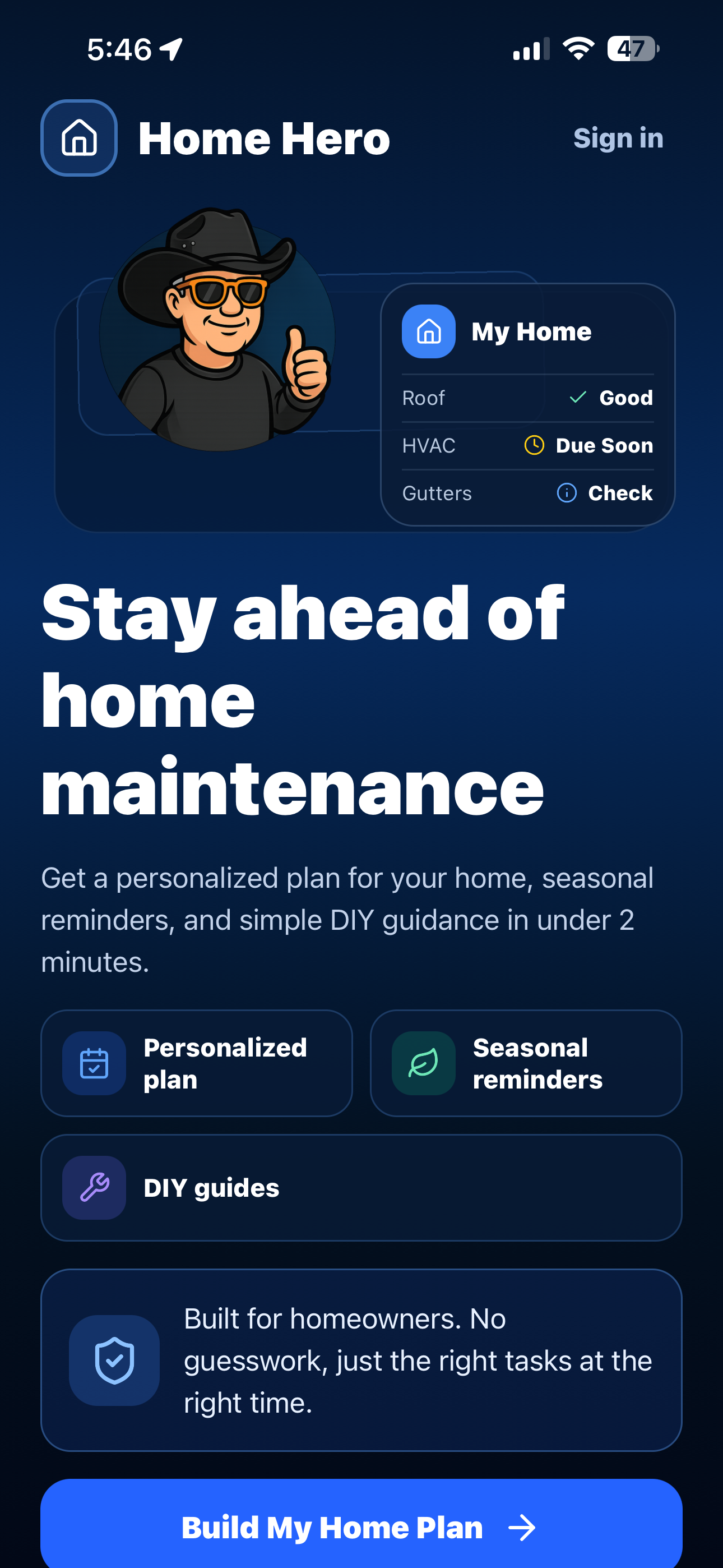 Home Hero welcome screen with Terry and a summary of personalized planning, seasonal reminders, and DIY guides